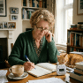 Woman writing notes in a notebook with a timer showing 25:00 and a cup of coffee on the table